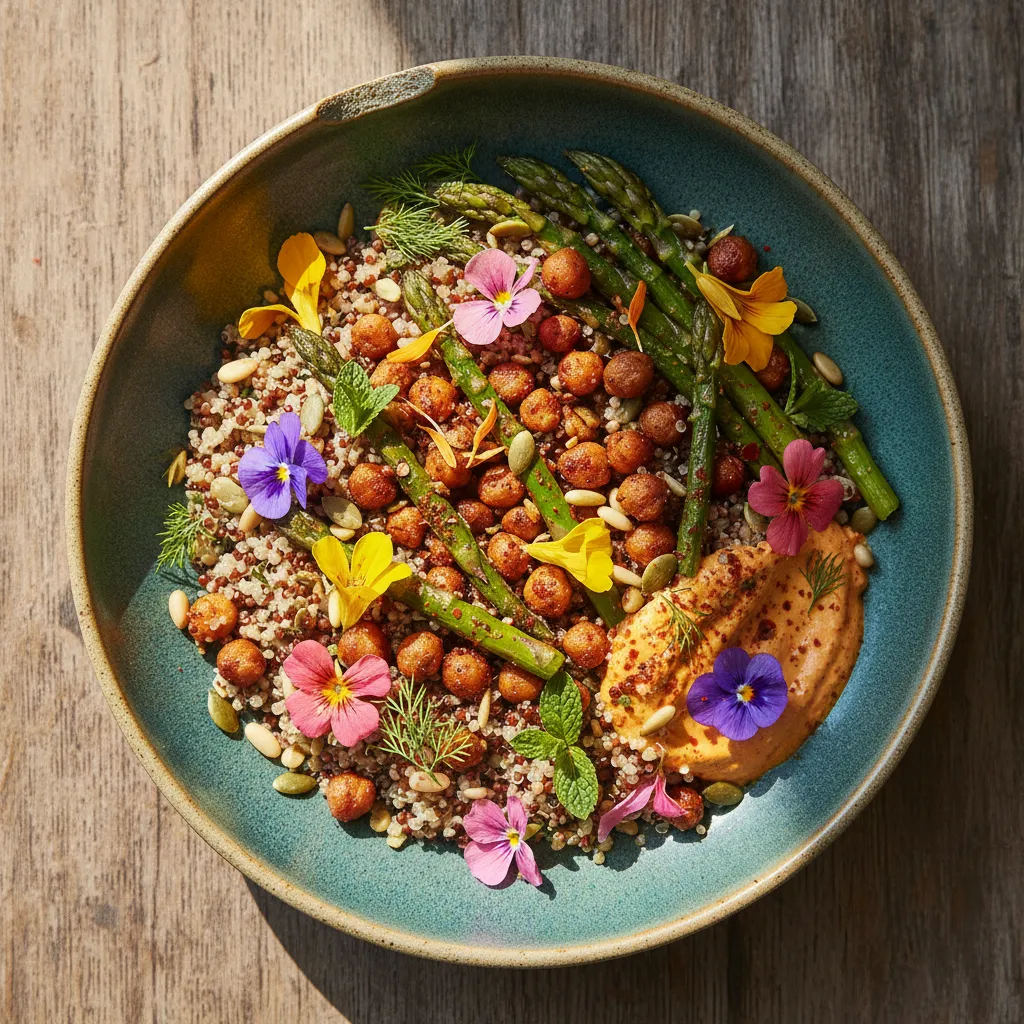 Savory Spiced Asparagus and Chickpea Quinoa Bowl with Edible Flowers