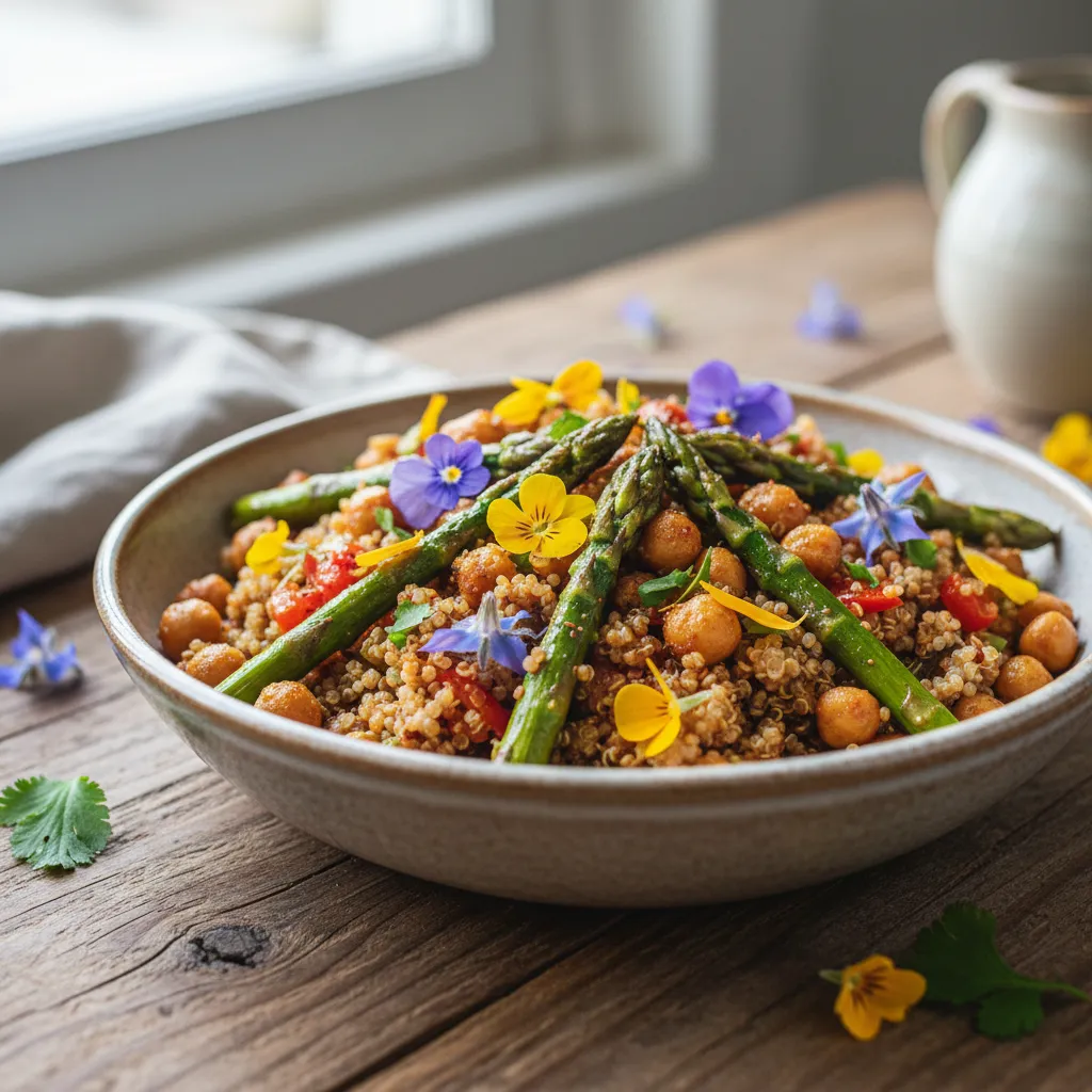 Savory Spiced Asparagus and Chickpea Quinoa Bowl with Edible Flowers