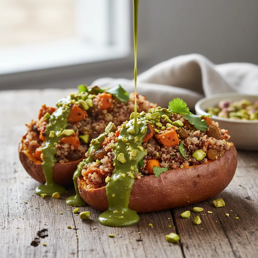 Savory Spiced Carrot and Quinoa Stuffed Sweet Potatoes with Pistachio Drizzle