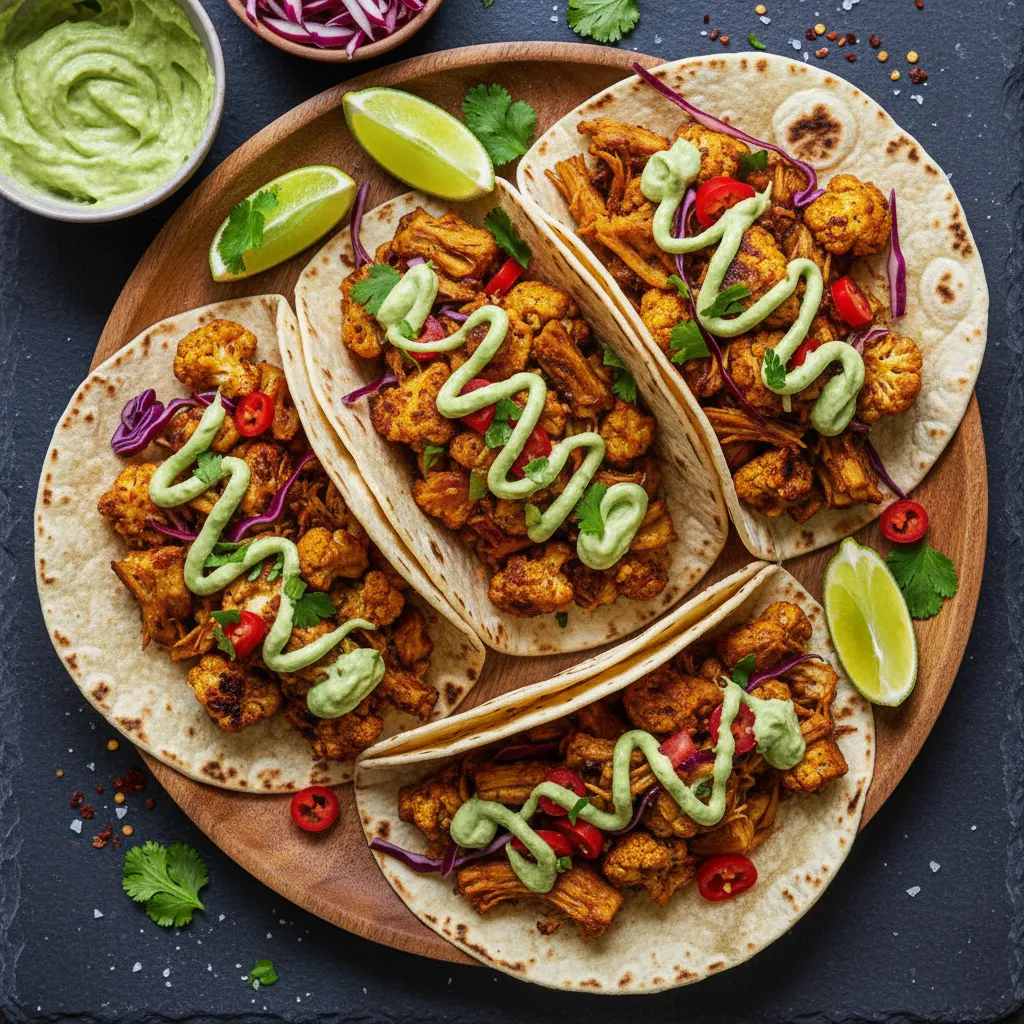 Savory Spiced Cauliflower and Jackfruit Tacos with Avocado Lime Drizzle