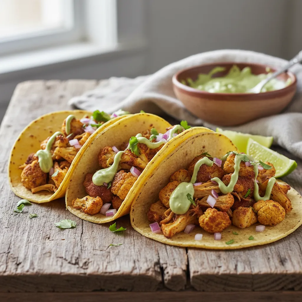 Savory Spiced Cauliflower and Jackfruit Tacos with Avocado Lime Drizzle