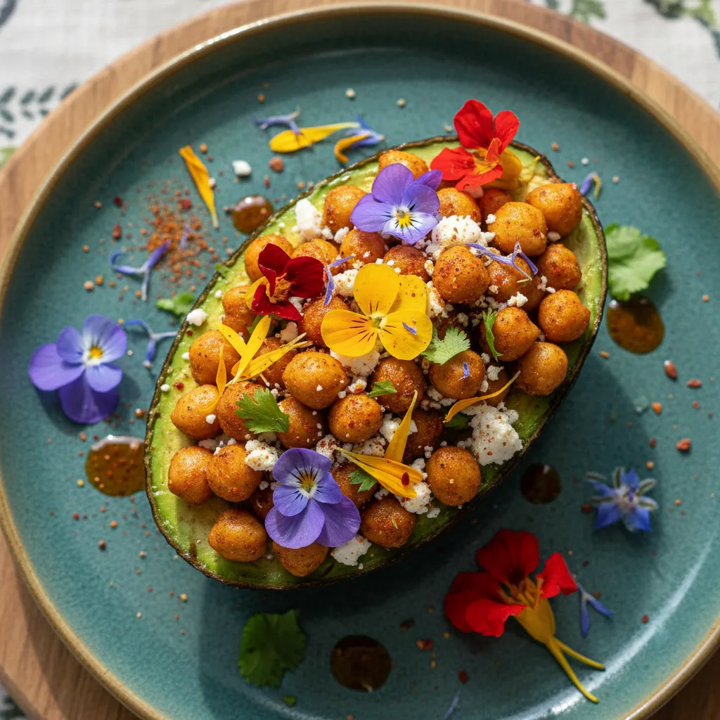 Savory Spiced Chickpea and Edible Flower Stuffed Avocados