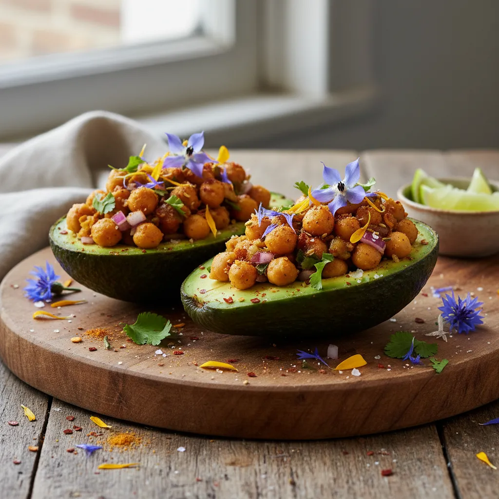 Savory Spiced Chickpea and Edible Flower Stuffed Avocados