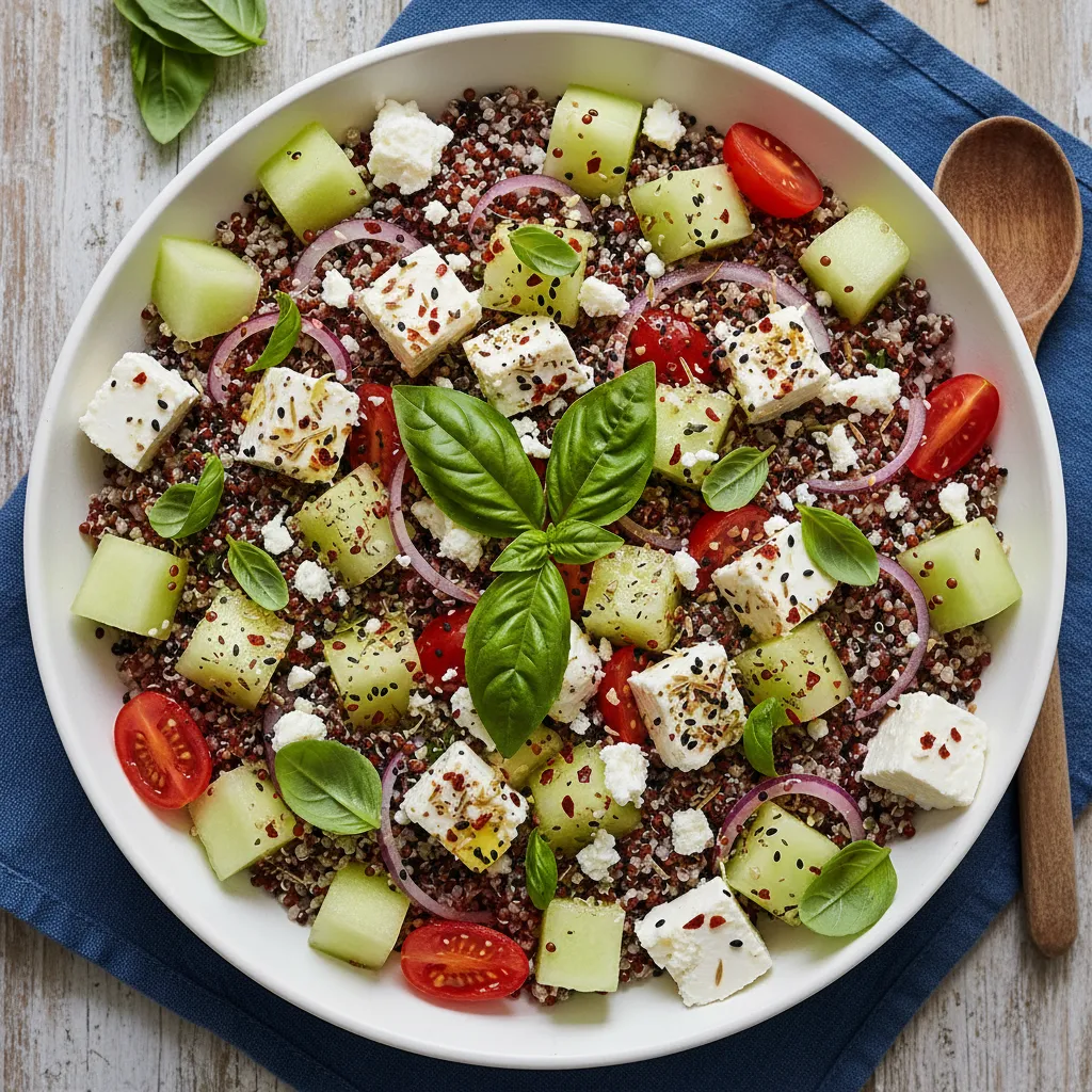 Savory Spiced Feta and Honeydew Quinoa Bowl with a Basil Twist