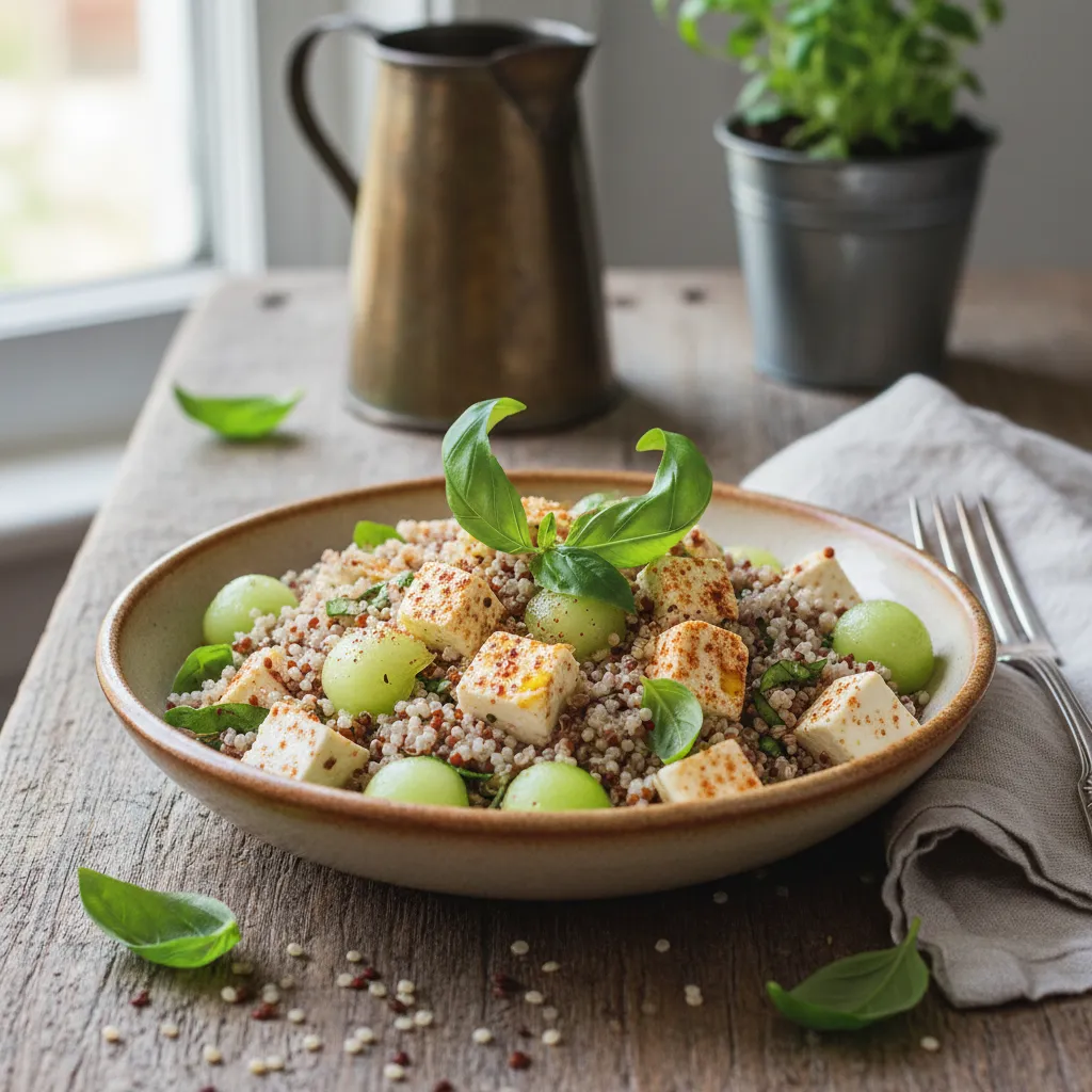 Savory Spiced Feta and Honeydew Quinoa Bowl with a Basil Twist