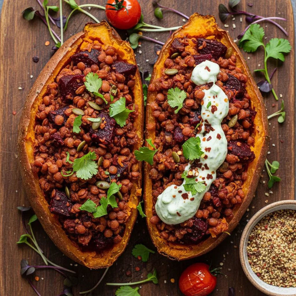 Savory Spiced Lentil & Beetroot Stuffed Sweet Potatoes