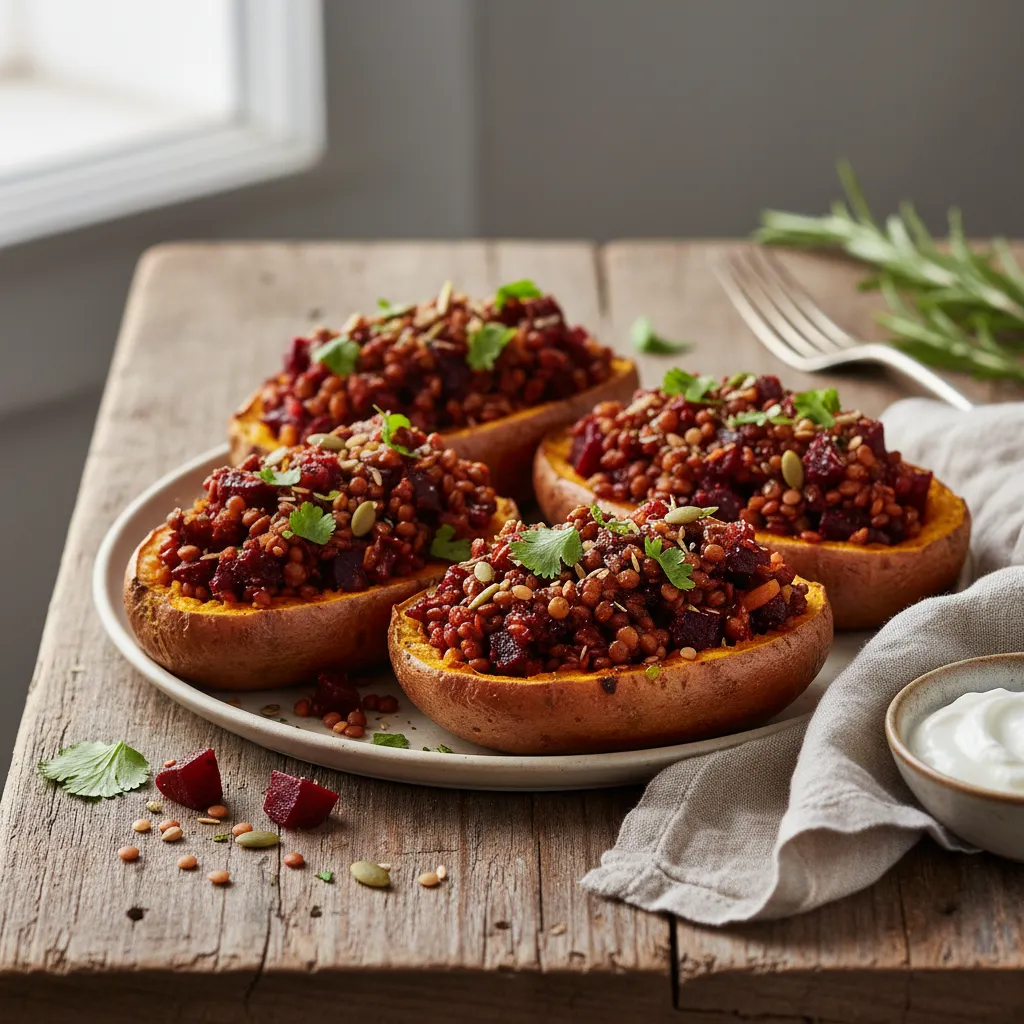 Savory Spiced Lentil & Beetroot Stuffed Sweet Potatoes