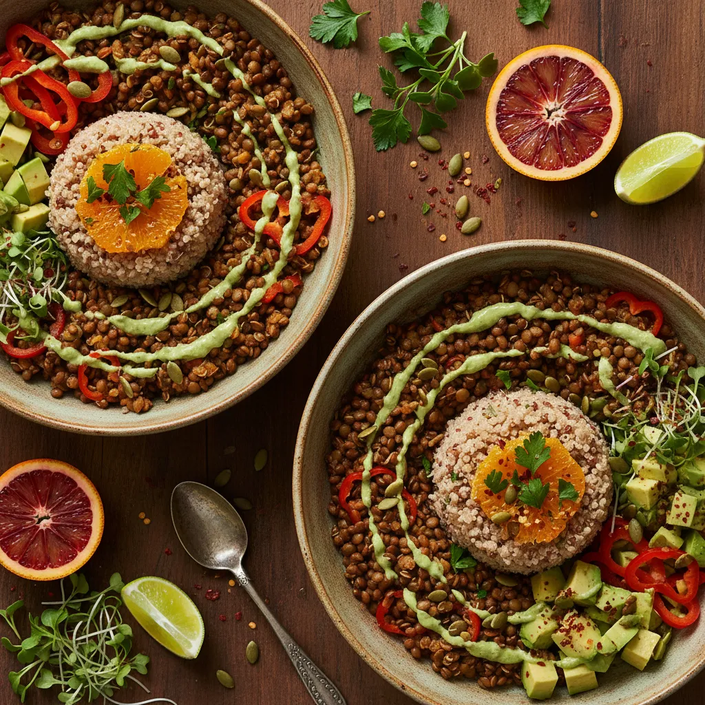 Savory Spiced Lentil & Citrus Quinoa Bowls with Avocado Maple Drizzle