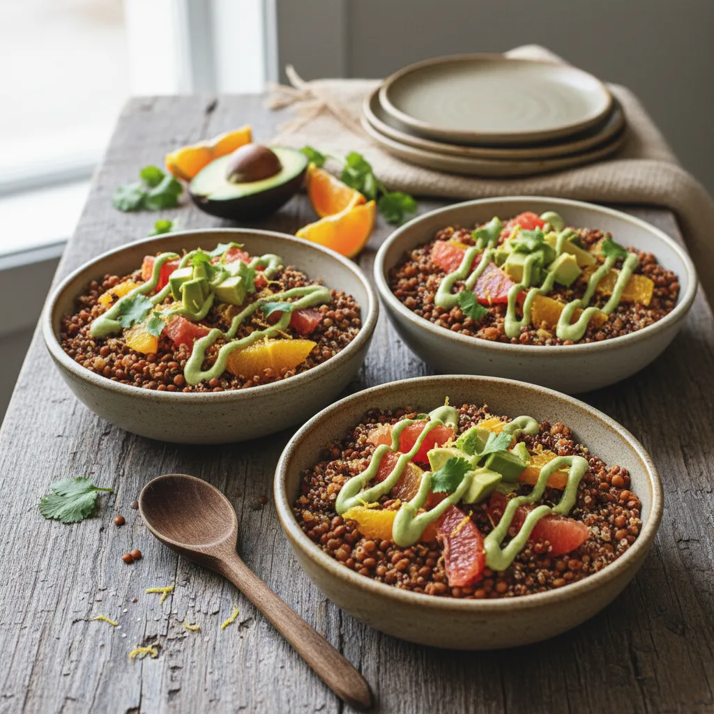 Savory Spiced Lentil & Citrus Quinoa Bowls with Avocado Maple Drizzle