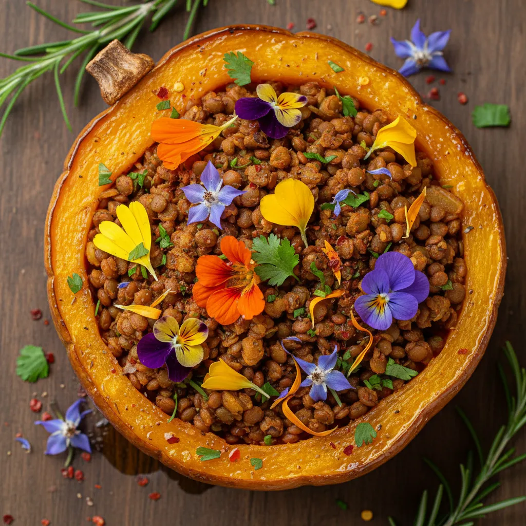 Savory Spiced Lentil and Edible Flower Stuffed Acorn Squash