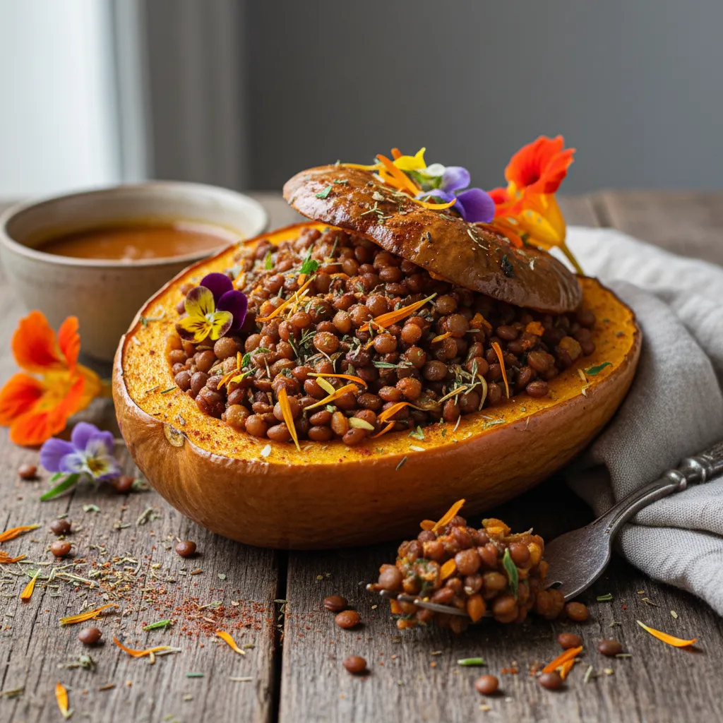 Savory Spiced Lentil and Edible Flower Stuffed Acorn Squash