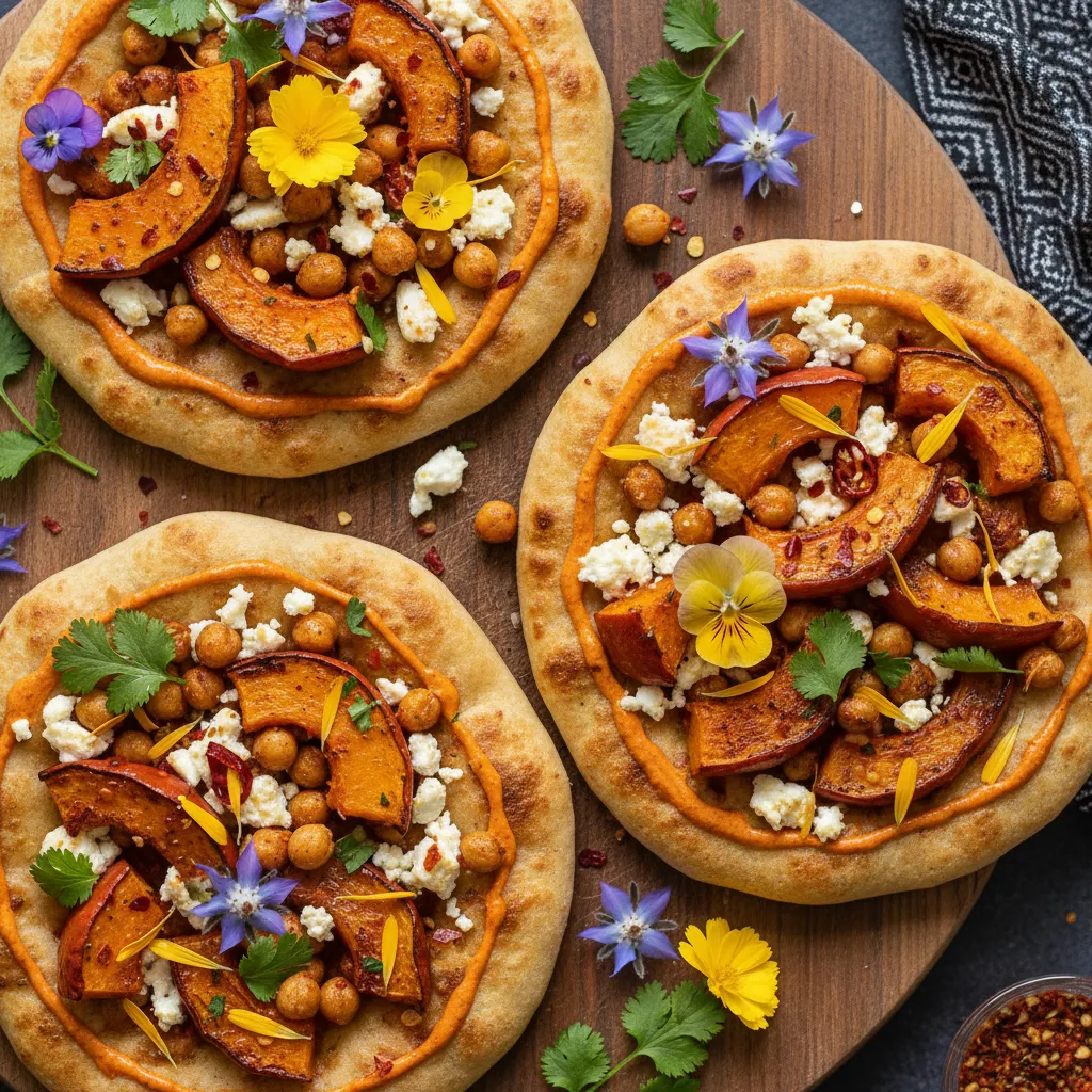Savory Spiced Pumpkin & Chickpea Flatbreads with Edible Flower Garnish
