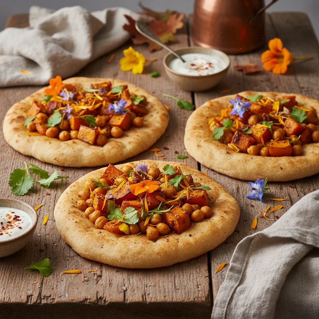 Savory Spiced Pumpkin & Chickpea Flatbreads with Edible Flower Garnish