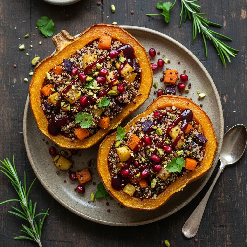 Savory Spiced Quinoa-Stuffed Winter Squash with Pomegranate Drizzle