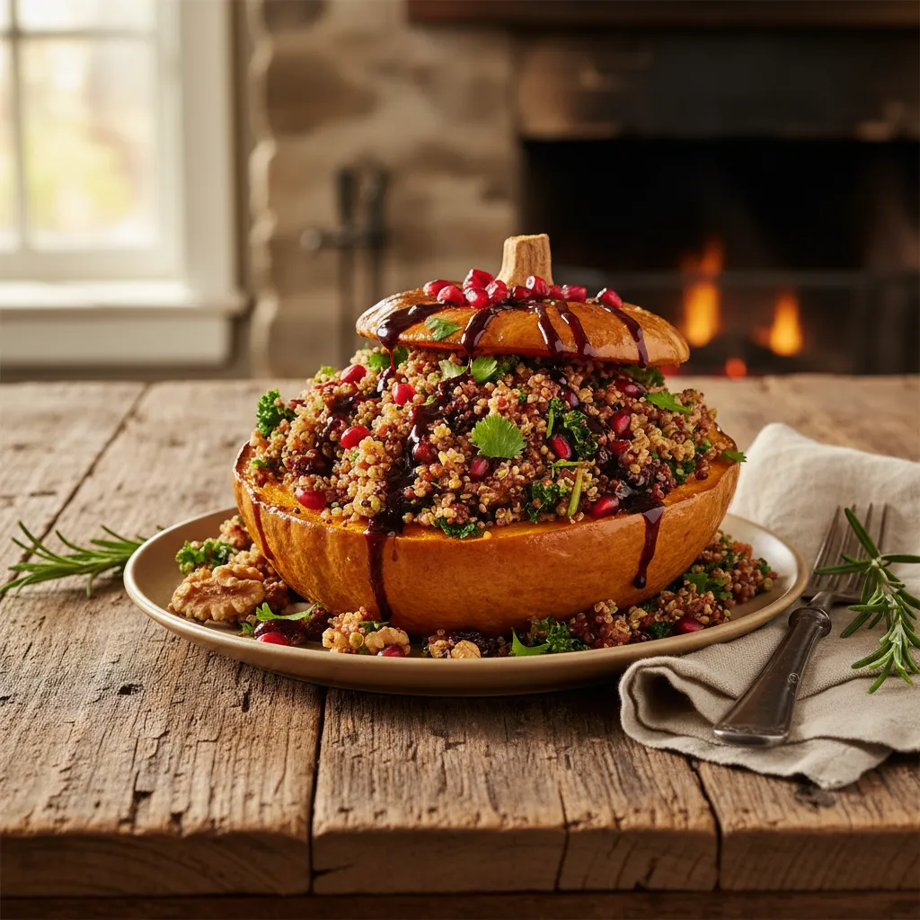 Savory Spiced Quinoa-Stuffed Winter Squash with Pomegranate Drizzle