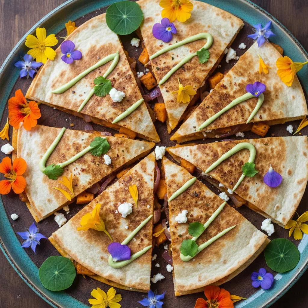 Savory Spiced Sweet Potato and Edible Flower Quesadilla