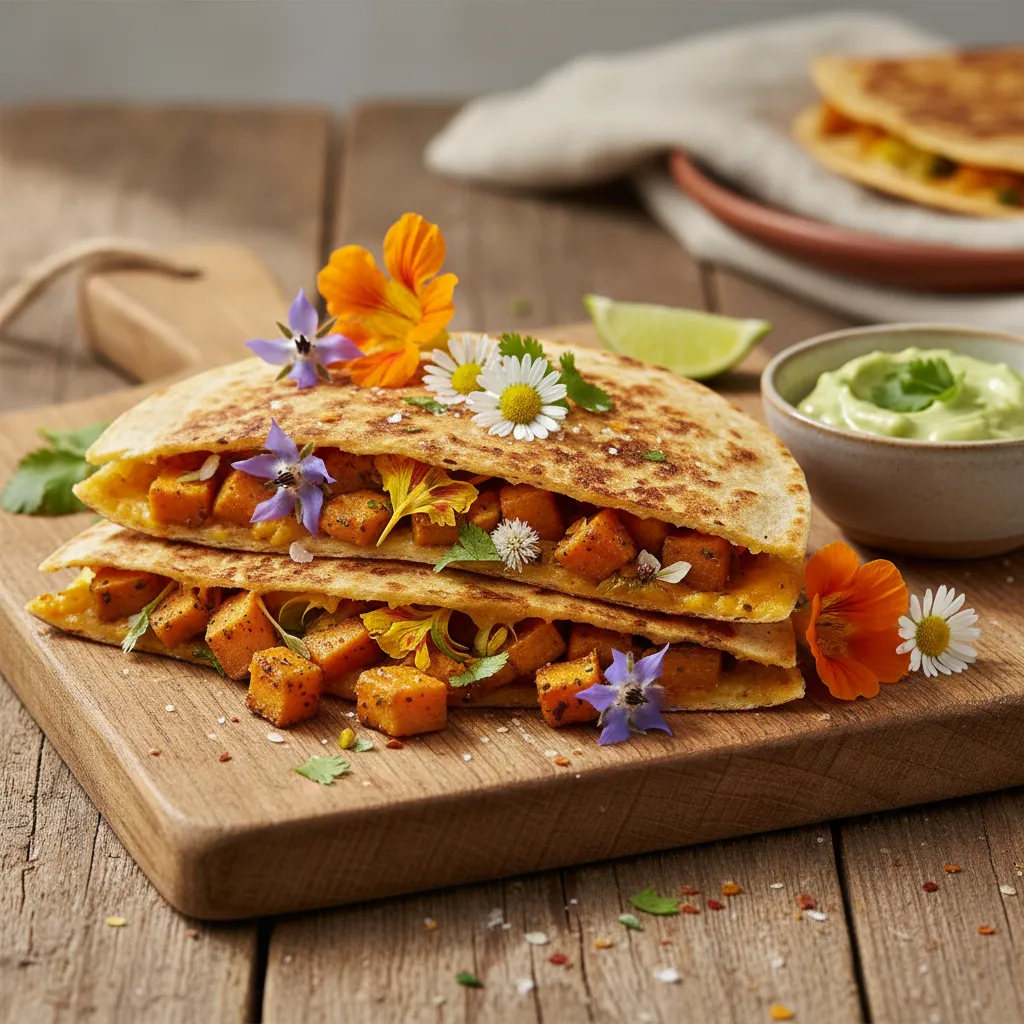 Savory Spiced Sweet Potato and Edible Flower Quesadilla