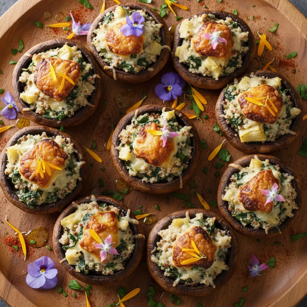 Savory Spinach and Artichoke Quinoa Stuffed Mushrooms With Edible Flowers