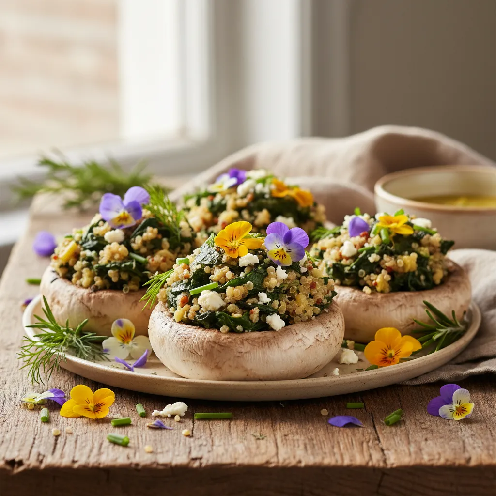 Savory Spinach and Artichoke Quinoa Stuffed Mushrooms With Edible Flowers