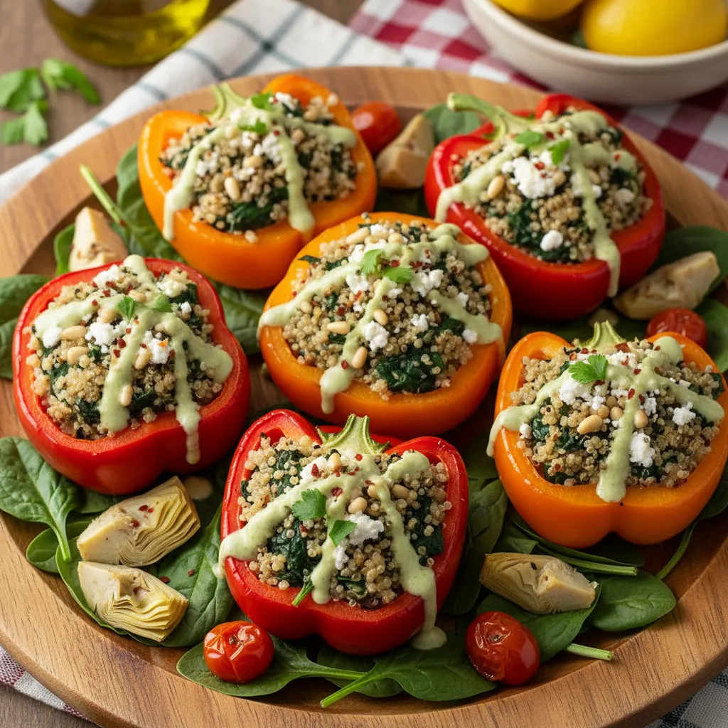 Savory Spinach and Artichoke Quinoa Stuffed Peppers