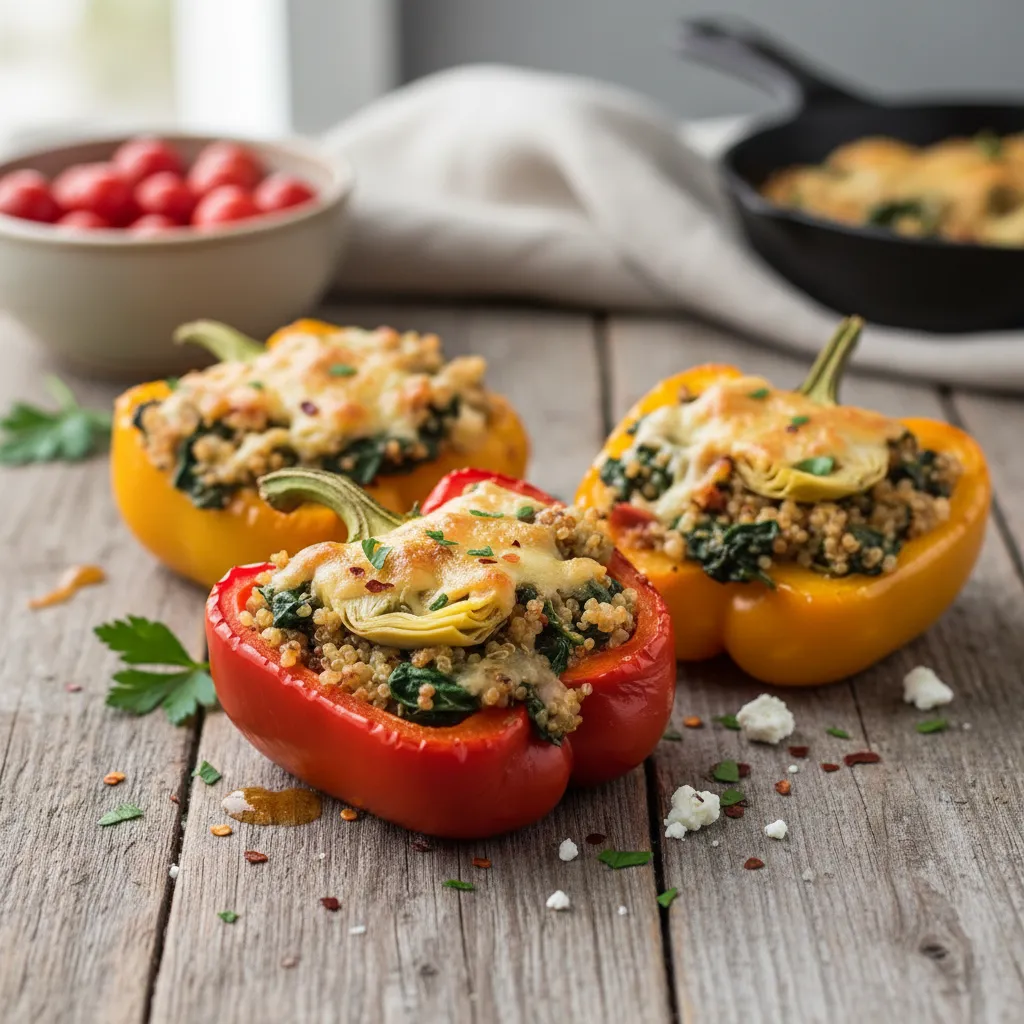 Savory Spinach and Artichoke Quinoa Stuffed Peppers