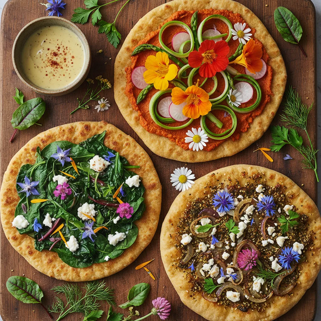 Savory Spinach and Edible Flower Chickpea Flatbreads