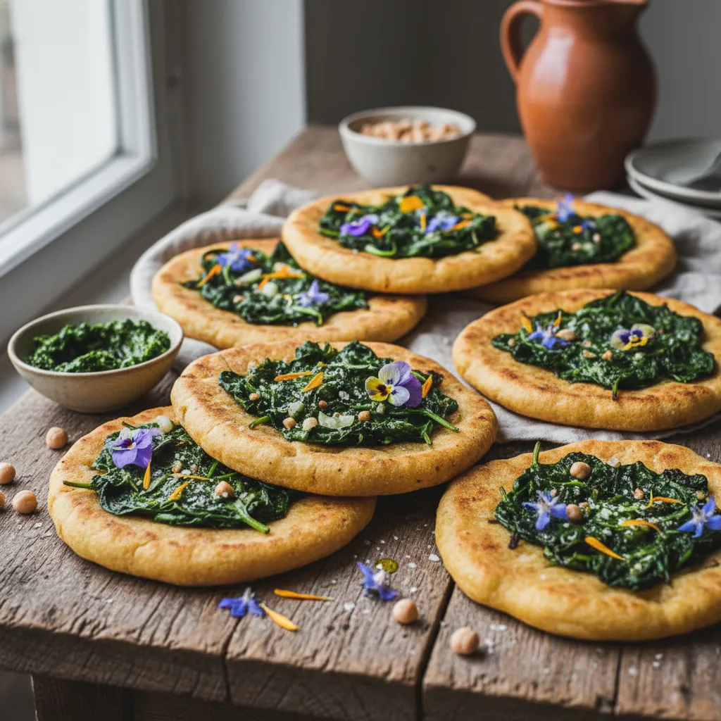 Savory Spinach and Edible Flower Chickpea Flatbreads