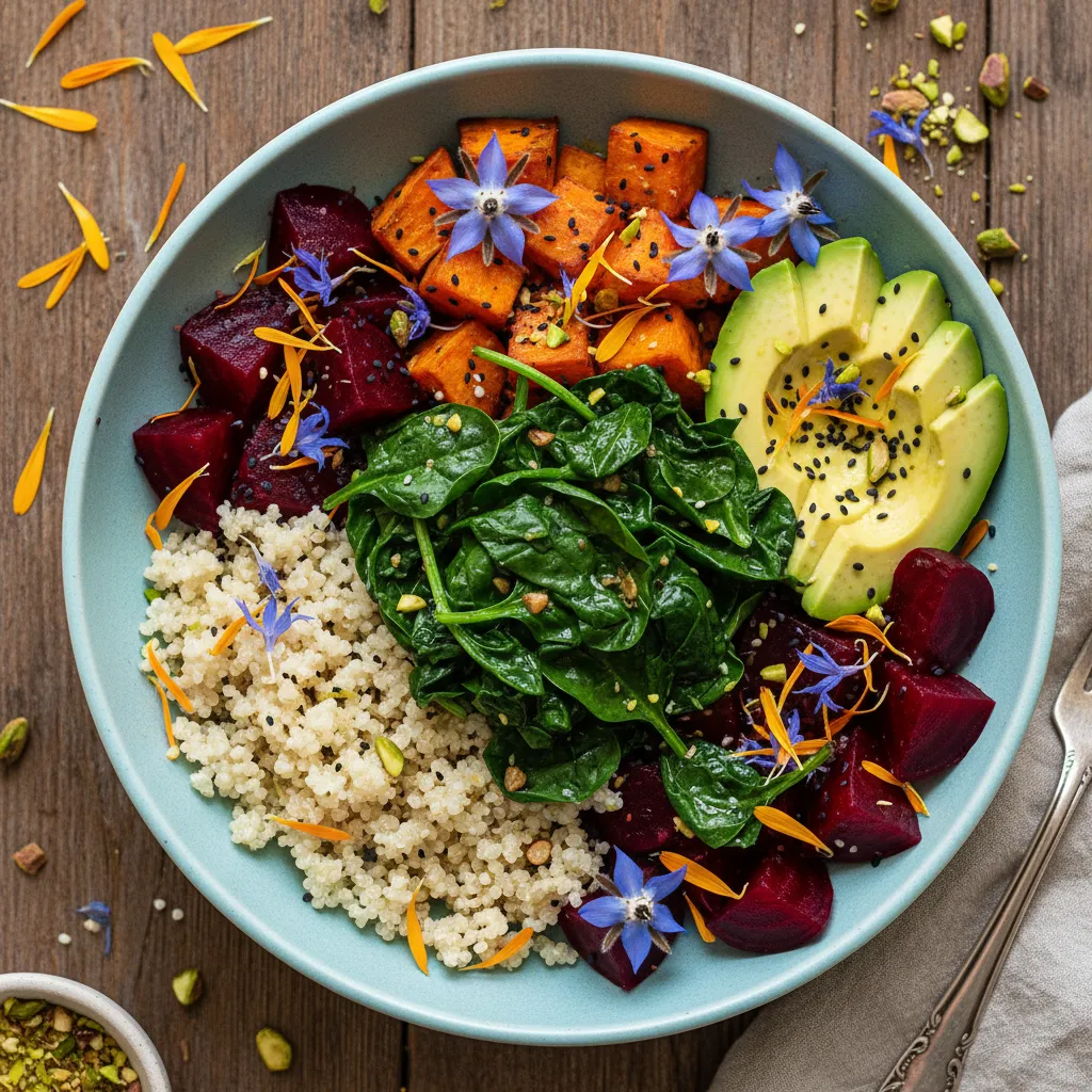 Savory Spinach and Edible Flower Quinoa Buddha Bowl