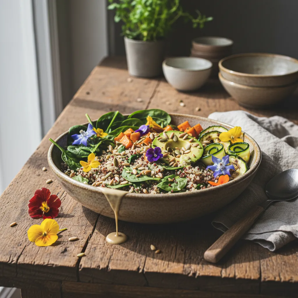 Savory Spinach and Edible Flower Quinoa Buddha Bowl