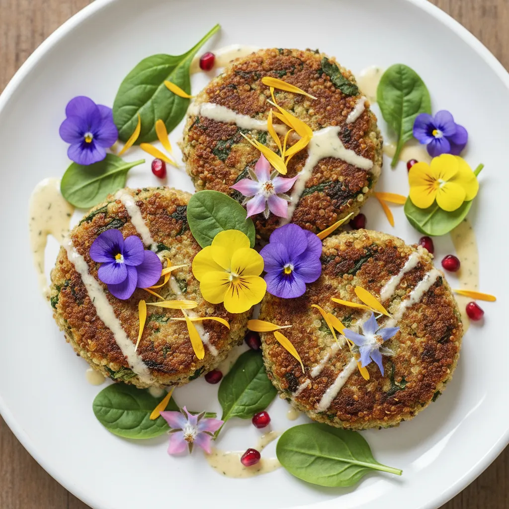Savory Spinach and Edible Flower Quinoa Cakes