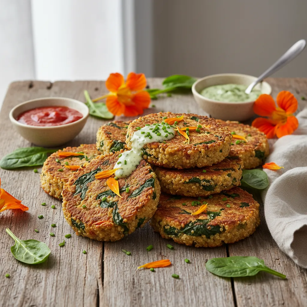 Savory Spinach and Edible Flower Quinoa Cakes