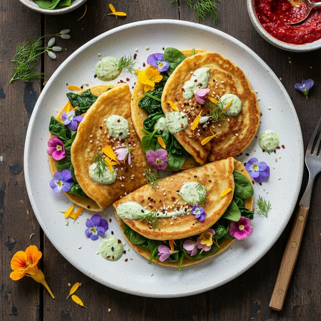 Savory Spinach and Edible Flower Stuffed Chickpea Pancakes