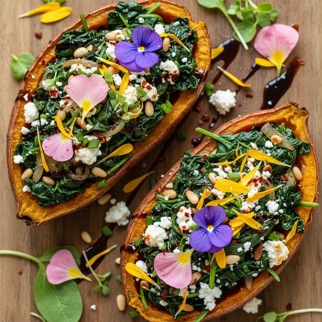 Savory Spinach and Edible Flower Stuffed Sweet Potato Boats