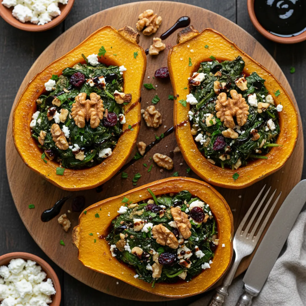 Savory Spinach and Walnut Stuffed Acorn Squash