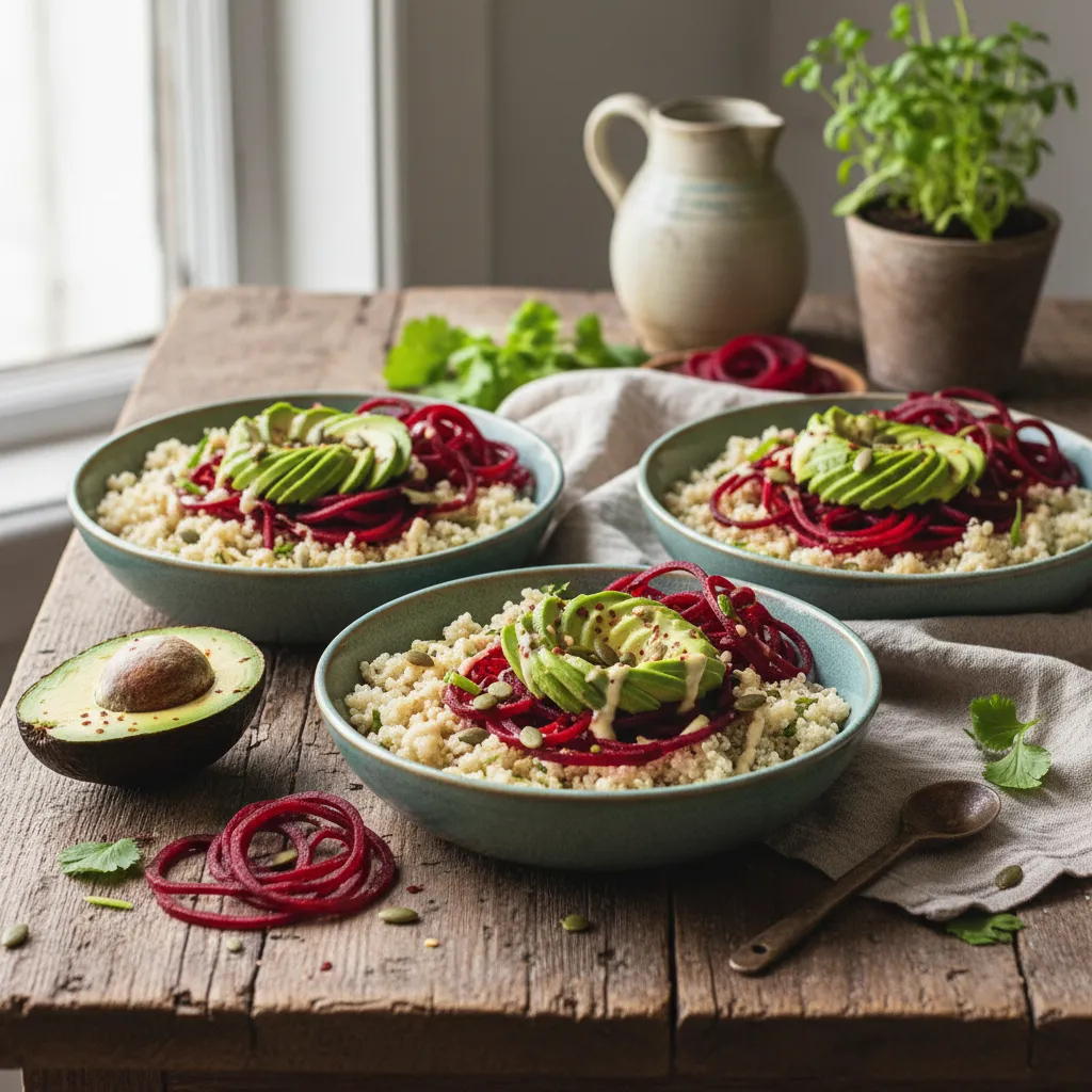 Savory Spiralized Beet and Avocado Quinoa Bowls