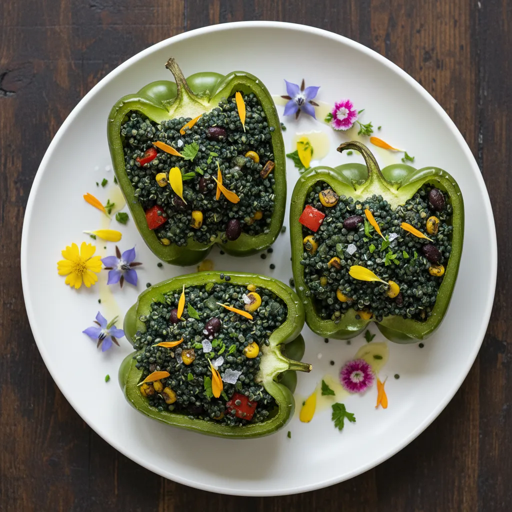 Savory Spirulina-Stuffed Bell Peppers with Quinoa and Edible Flowers