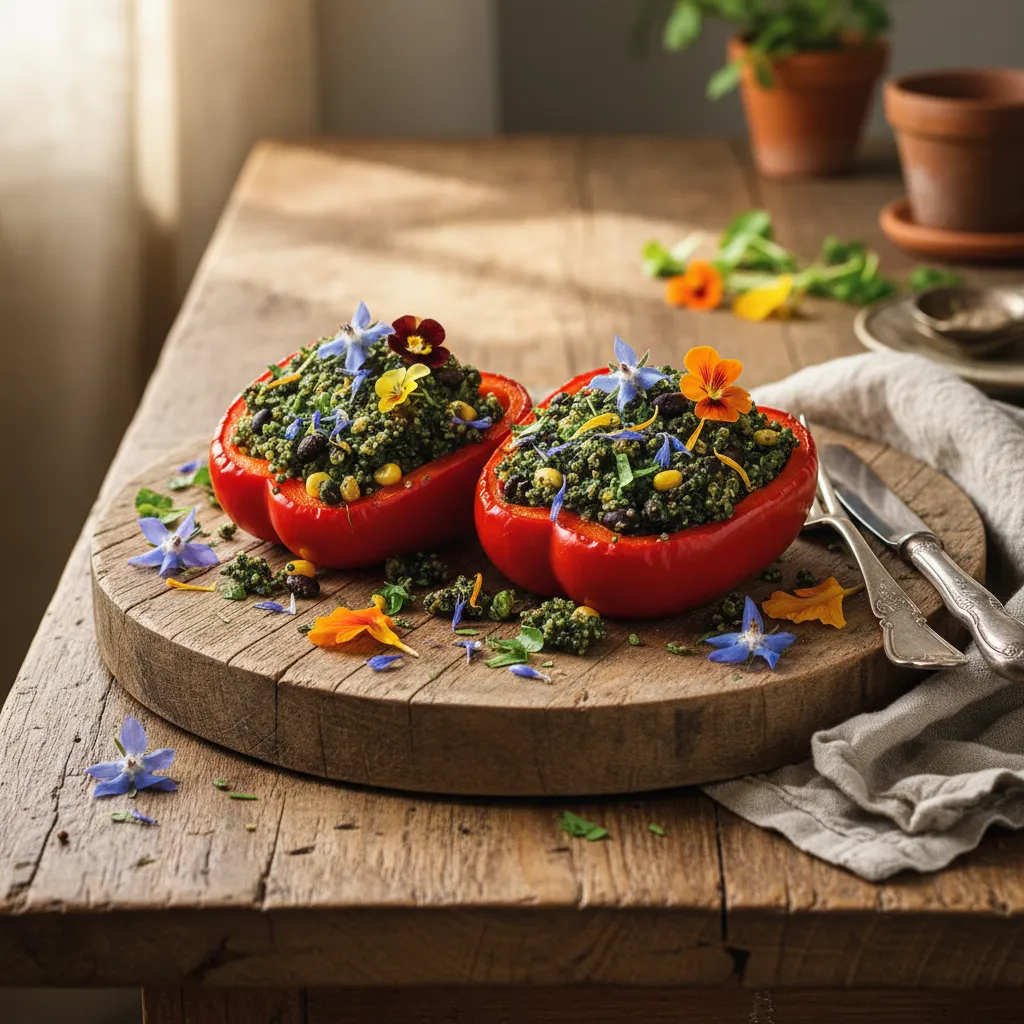 Savory Spirulina-Stuffed Bell Peppers with Quinoa and Edible Flowers