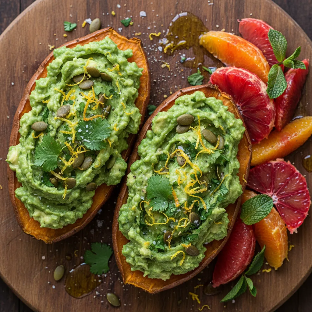 Savory Spirulina Avocado Stuffed Sweet Potatoes with Citrus Zest