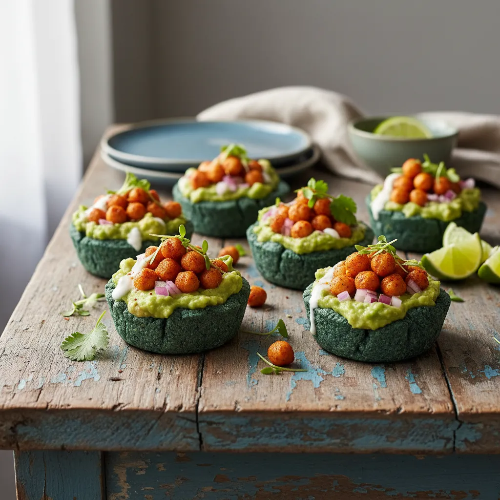 Savory Spirulina Avocado Taco Cups with Spicy Chickpeas