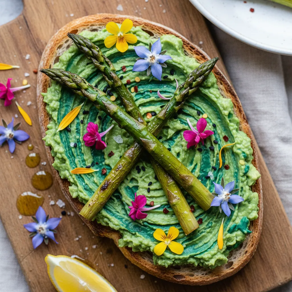 Savory Spirulina Avocado Toast with Roasted Asparagus and Edible Flowers