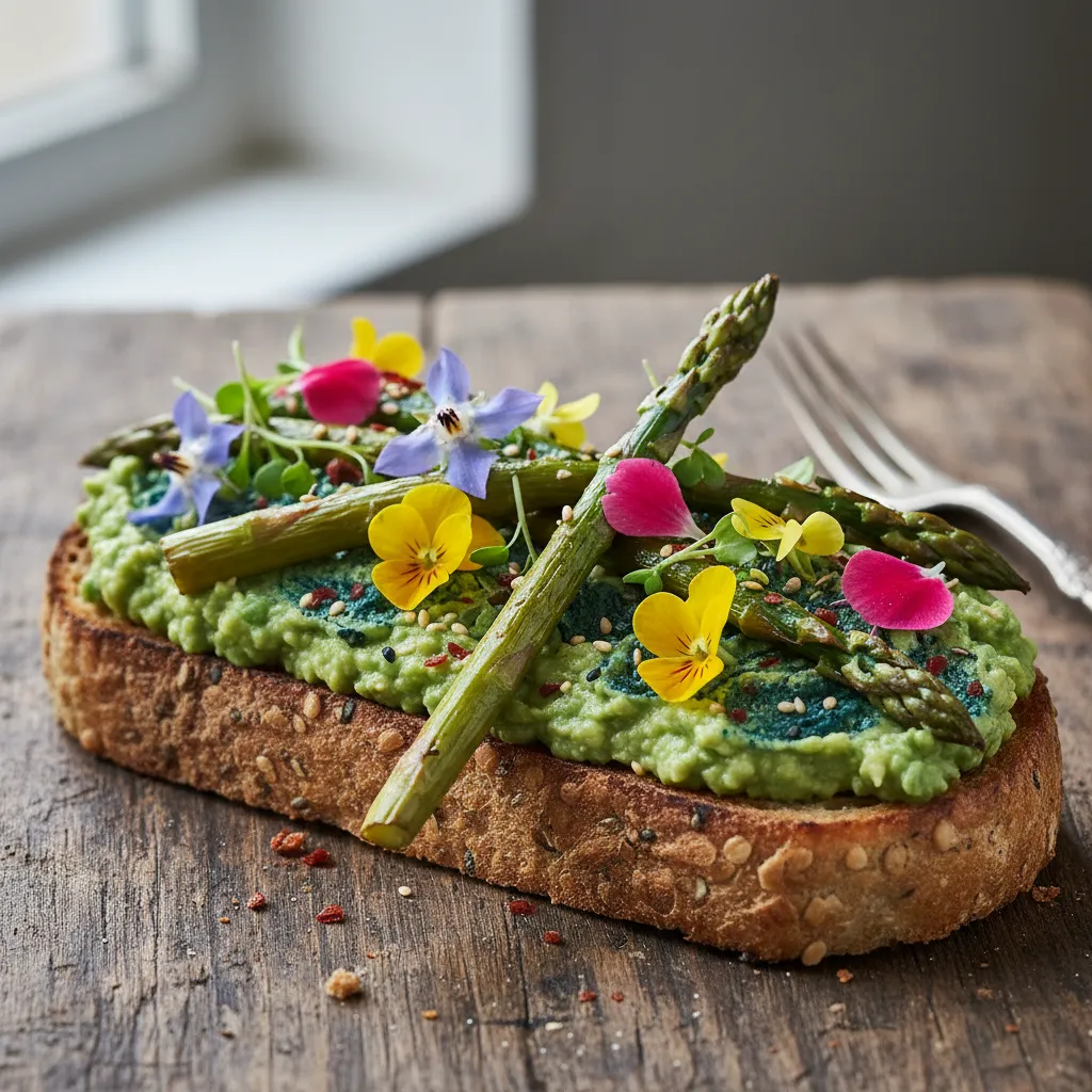 Savory Spirulina Avocado Toast with Roasted Asparagus and Edible Flowers