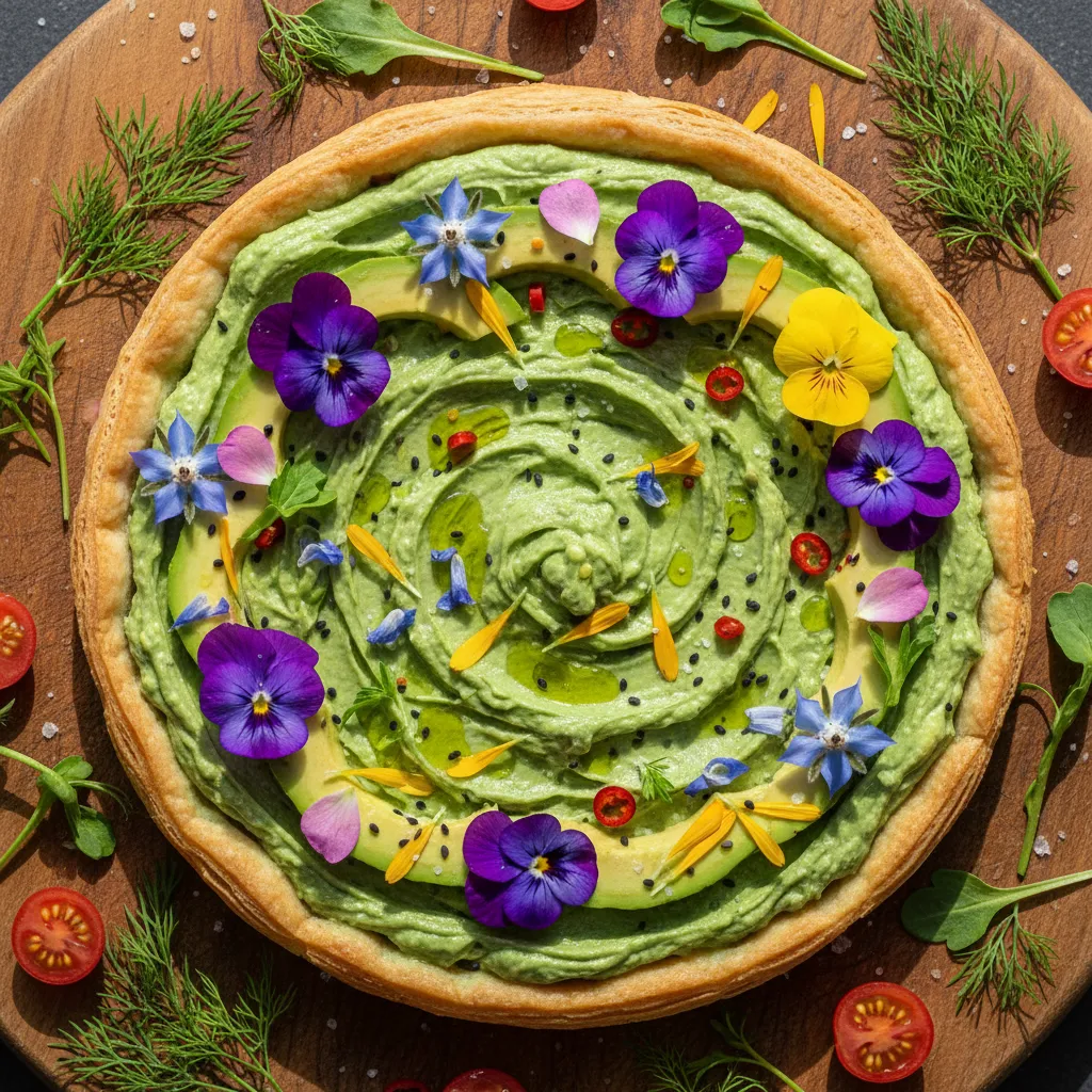Savory Spirulina Avocado and Edible Flower Tart