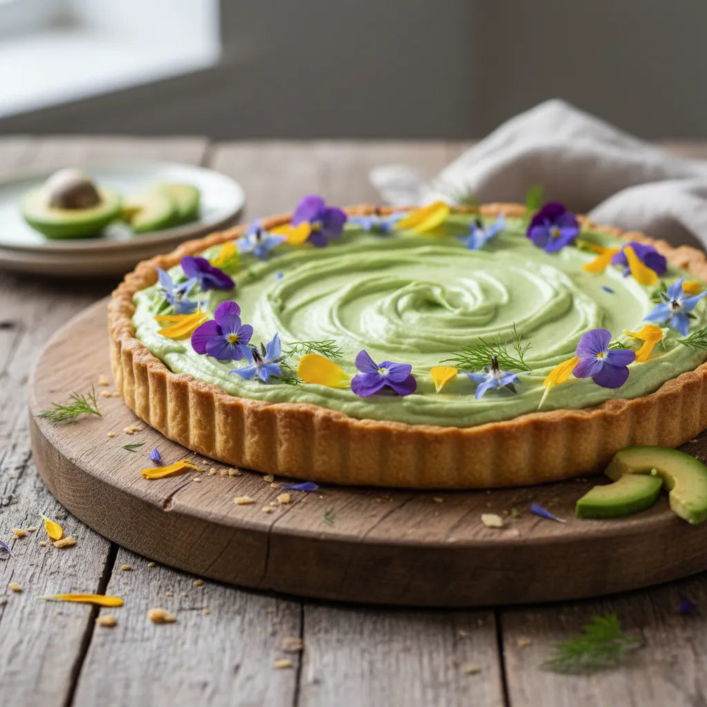 Savory Spirulina Avocado and Edible Flower Tart