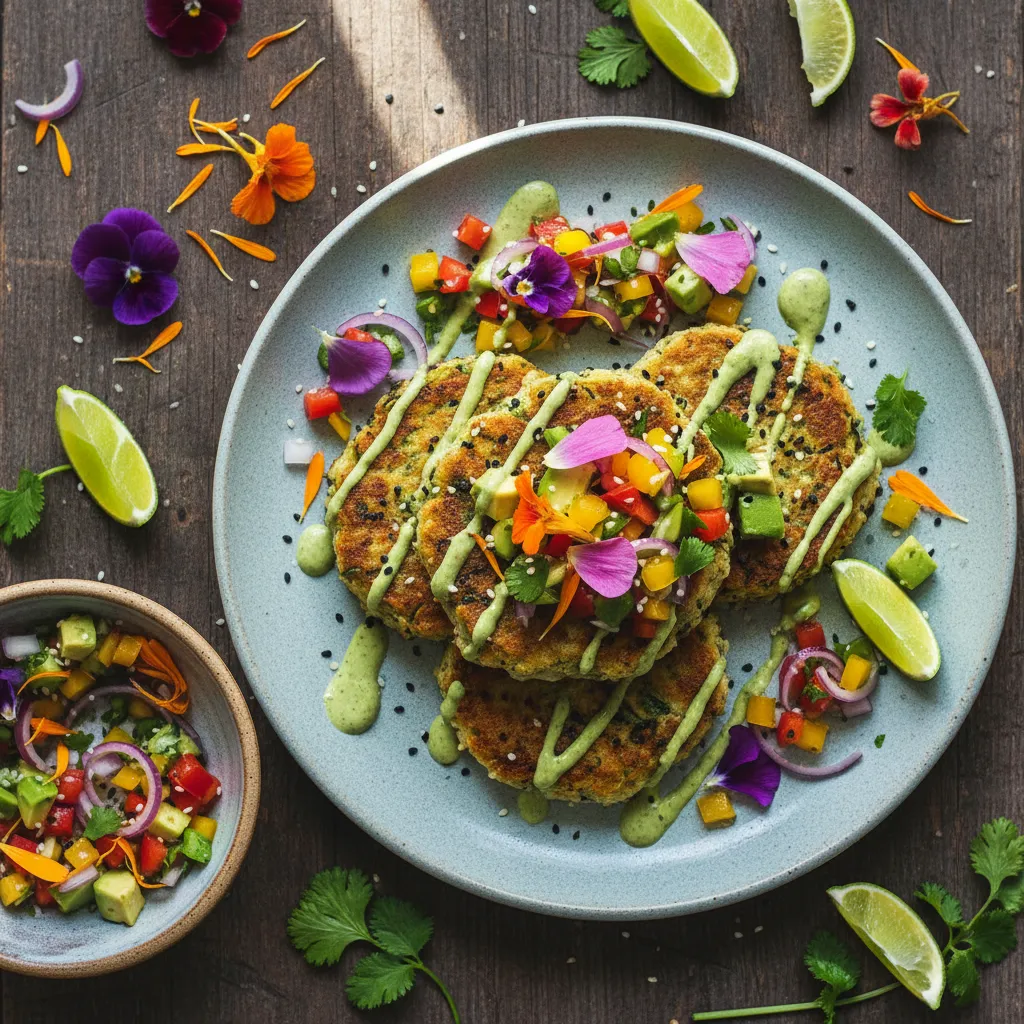 Savory Spirulina Cauliflower Rice Cakes with Edible Flower Salsa