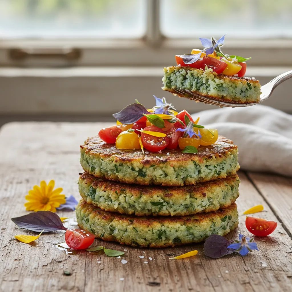 Savory Spirulina Cauliflower Rice Cakes with Edible Flower Salsa