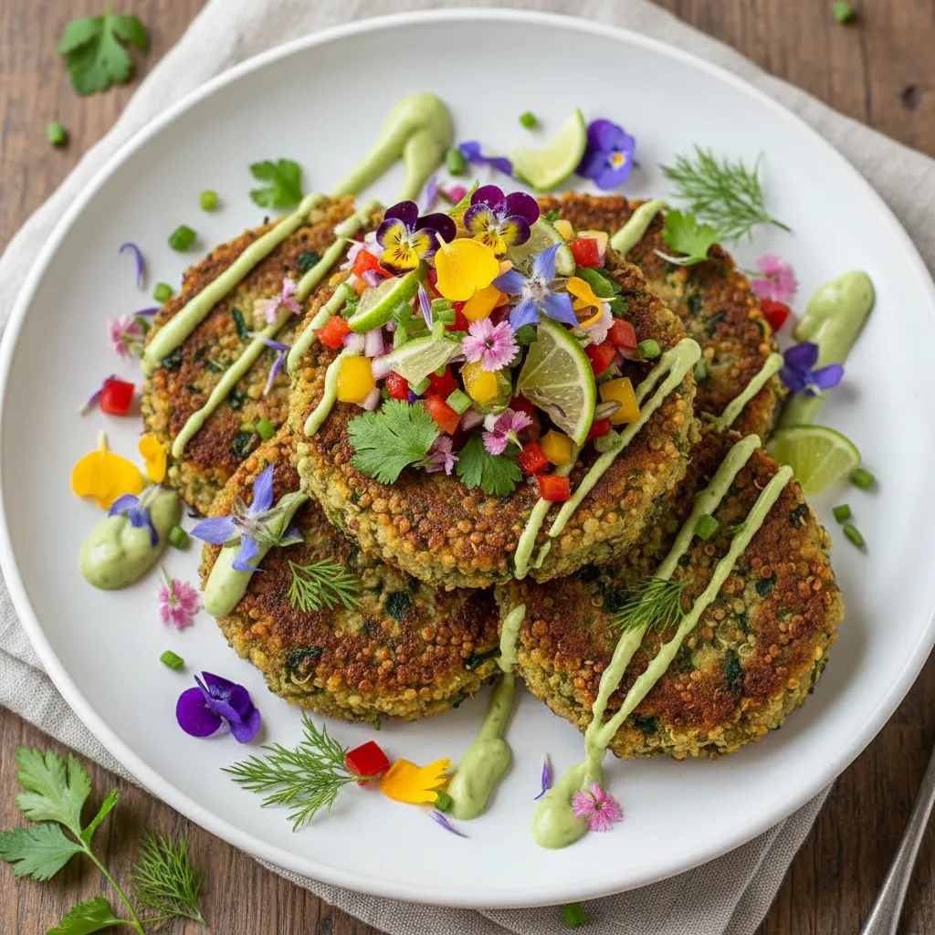Savory Spirulina Herb Quinoa Cakes with Edible Flower Salsa