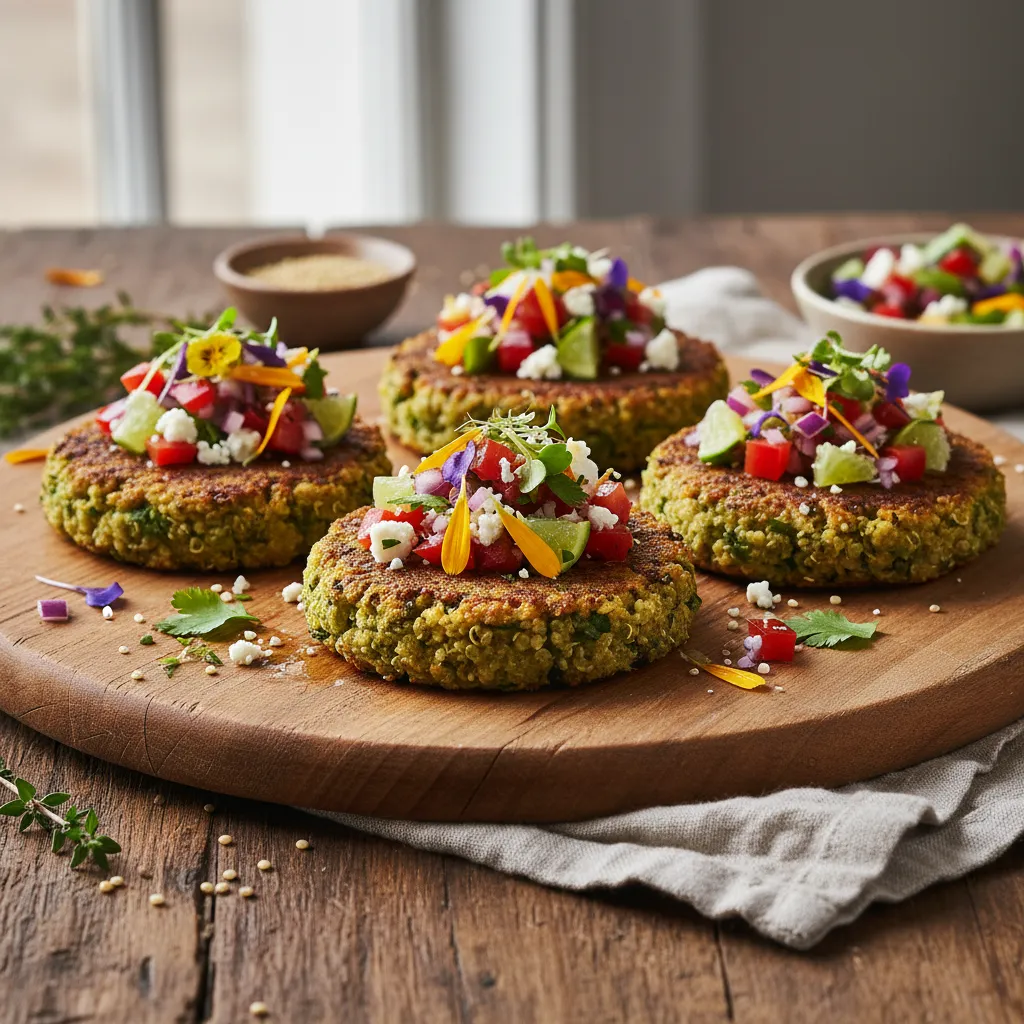 Savory Spirulina Herb Quinoa Cakes with Edible Flower Salsa