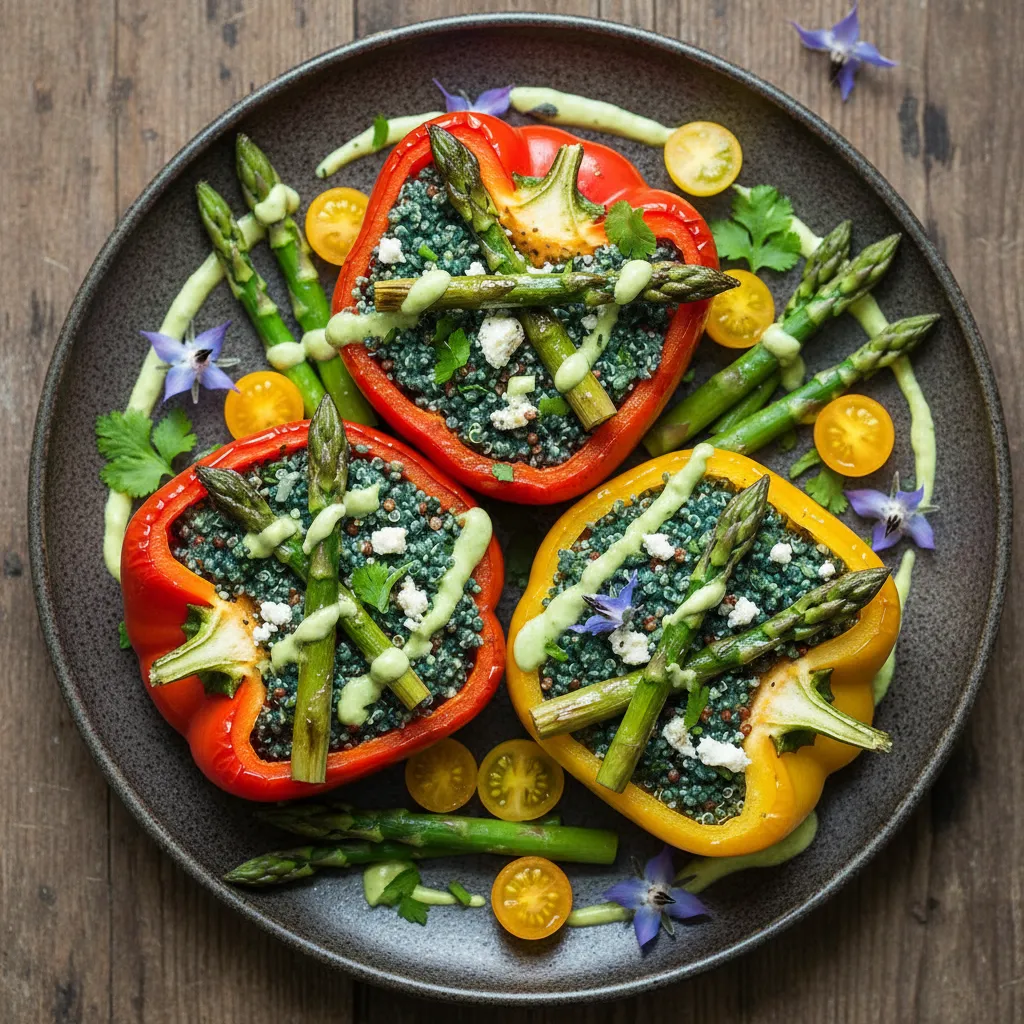 Savory Spirulina Quinoa Stuffed Bell Peppers with Spring Asparagus