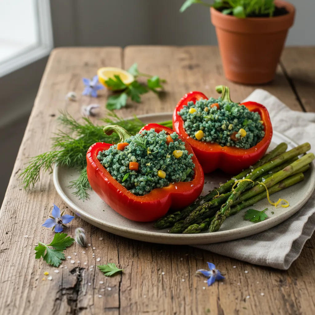 Savory Spirulina Quinoa Stuffed Bell Peppers with Spring Asparagus