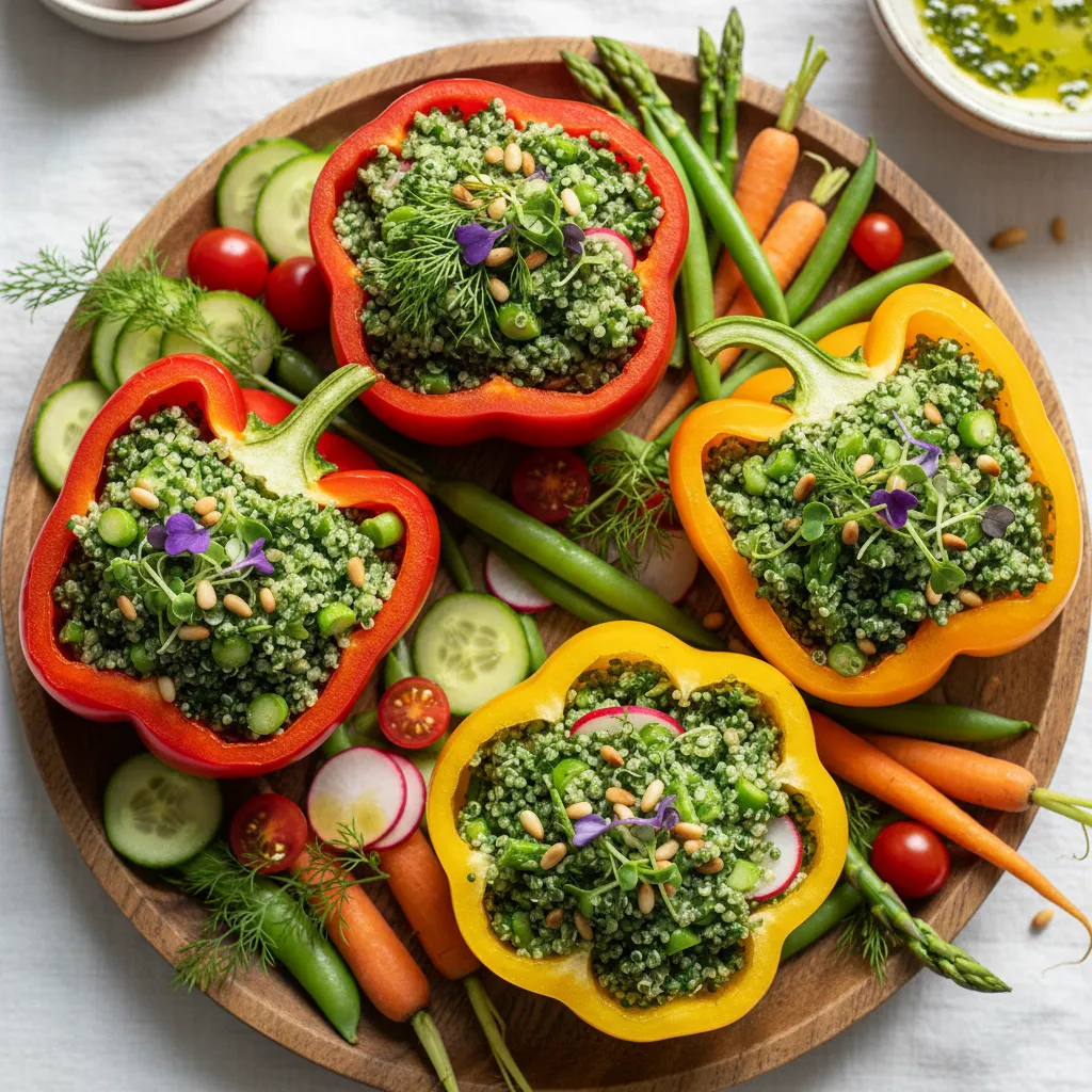 Savory Spirulina Quinoa Stuffed Bell Peppers with Spring Veggies